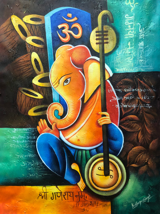 Lord Ganesha painting  (ART_6706_57016) - Handpainted Art Painting - 24in X 36in