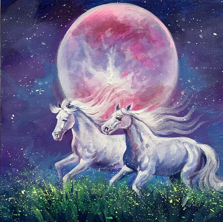 Couple Horses In Fairy Tail (ARTOHOLIC) (ART_3319_57167) - Handpainted Art Painting - 24in X 24in