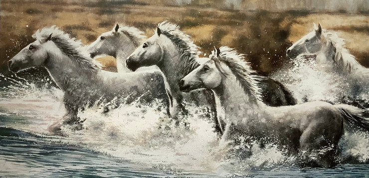 5 Horses running on water (ARTOHOLIC) (ART_3319_57164) - Handpainted Art Painting - 48in X 24in
