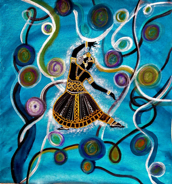 Bharathanatiyam dancing girl in abstract bg (ART_7748_53382) - Handpainted Art Painting - 14in X 16in