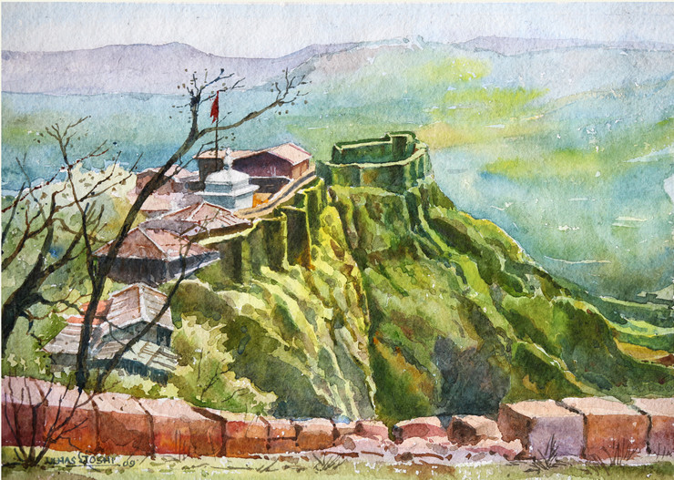 Raigad Fort (ART_8063_57347) - Handpainted Art Painting - 15in X 18in