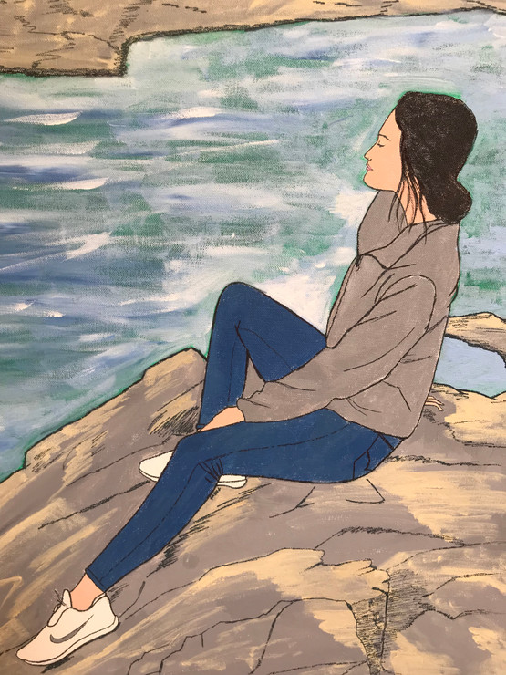 My lovely sister sitting near a river (ART_8002_57598) - Handpainted Art Painting - 20in X 24in
