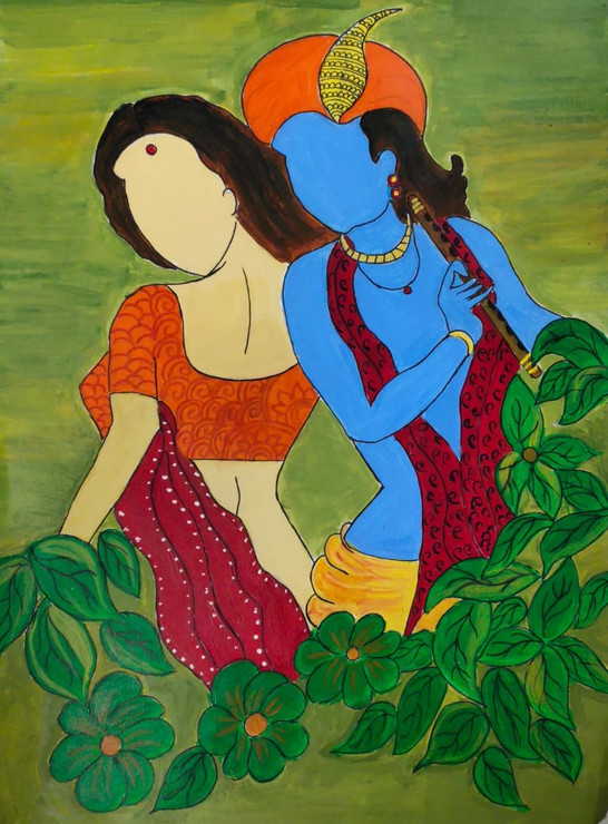 Lord Krishna and Radha (ART_8089_57548) - Handpainted Art Painting - 12in X 16in