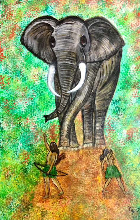 ELEPHANT CHASING TRIBAL COUPLE IN FOREST (ART_7748_57527) - Handpainted Art Painting - 23in X 37in