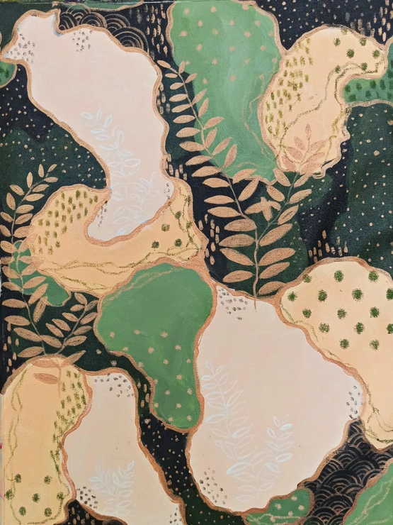 Leaf green - an abstract painting with contrasting green shades and metallic sha (ART_8078_57263) - Handpainted Art Painting - 15in X 20in