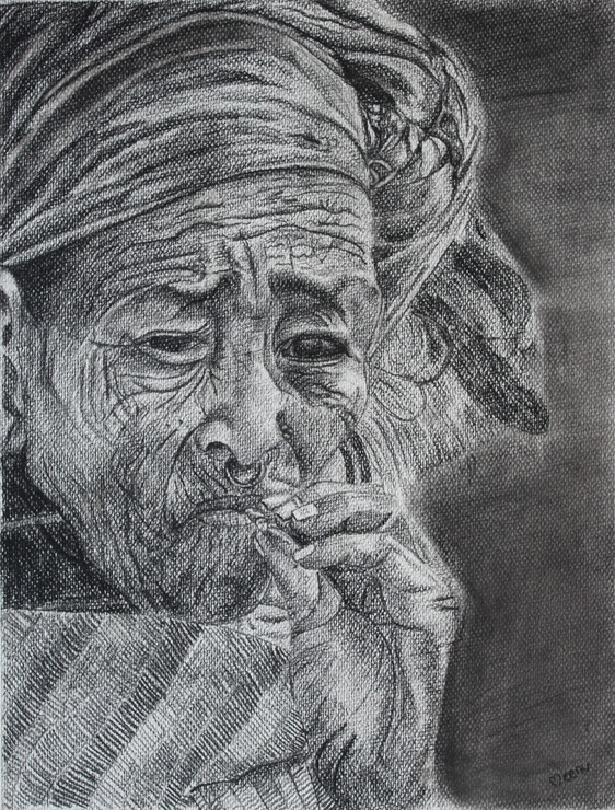 Old Nepali Woman (ART_8108_57955) - Handpainted Art Painting - 10in X 13in
