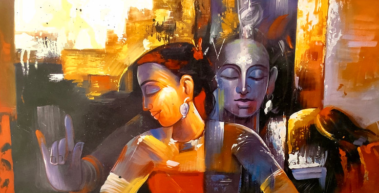 Abstract Style Radha Krishna (ARTOHOLIC) (ART_3319_57891) - Handpainted Art Painting - 48in X 24in