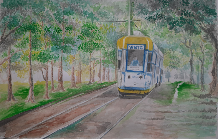 Kolkota Tram (ART_7573_57872) - Handpainted Art Painting - 17in X 11in