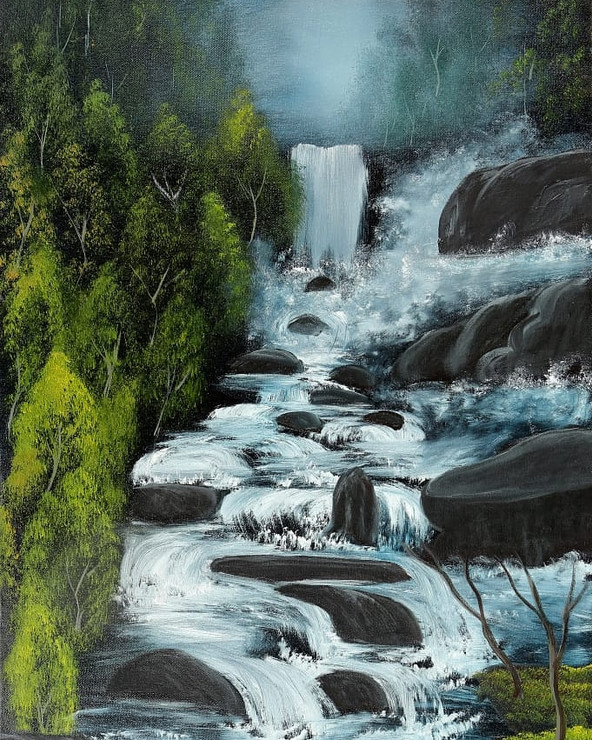 Evening waterfall (ART_8067_57849) - Handpainted Art Painting - 16in X 24in