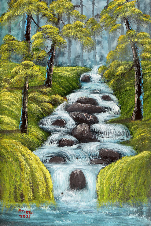 Peaceful Forest Waterfall Landscape (ART_8067_57801) - Handpainted Art Painting - 16in X 24in