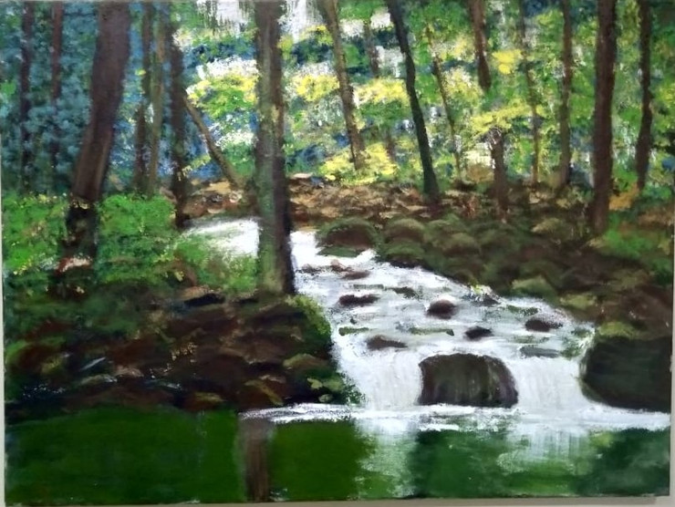 Serene Waterfall (ART_8094_57610) - Handpainted Art Painting - 24in X 18in