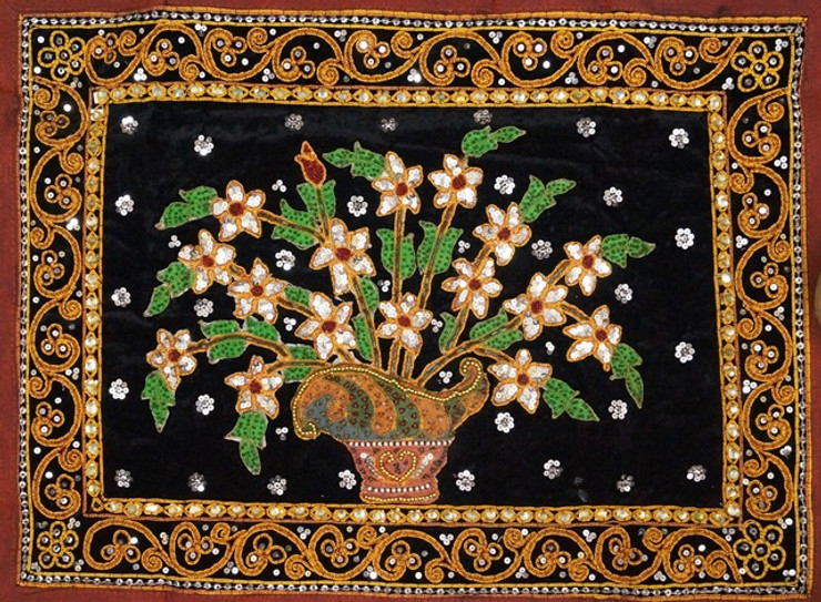 Kalagas Art 05 - 22in x 16in,FIZKAL05_2216,Flower Pot,Folk Work,Flower design,Embroidered tapestries style,Hand Embroidery with Beads, Threads and Artificial Stones,Community Artist Group