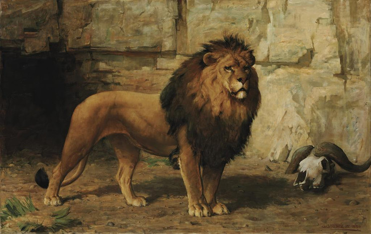 A Lion Guarding His Den (1886) By George Goodwin Kilburne (PRT_8502) - Canvas Art Print - 27in X 17in