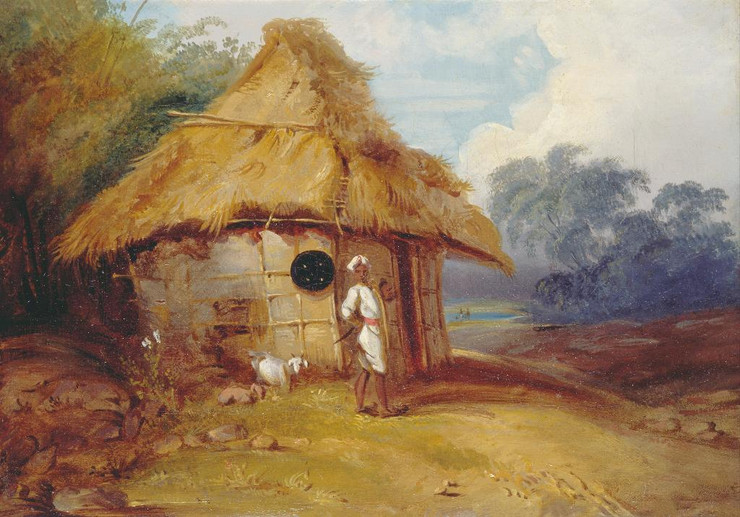 View In Southern India, With A Warrior Outside His Hut (PRT_8647) - Canvas Art Print - 31in X 22in