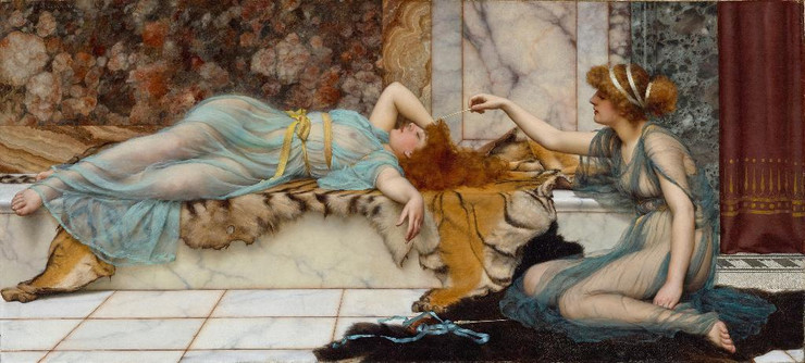 Mischief And Repose (1895) By John William Godward (PRT_8940) - Canvas Art Print - 48in X 22in