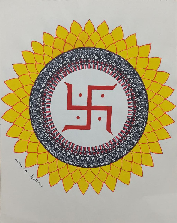 The divine and lovely Swastik Mandala spreading positive energy (ART_8016_58466) - Handpainted Art Painting - 10in X 12in
