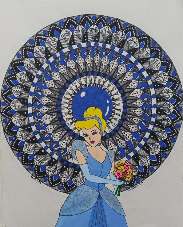Beautiful Cinderella with a lovely Mandala Art in shades of blue (ART_8016_58463) - Handpainted Art Painting - 10in X 12in