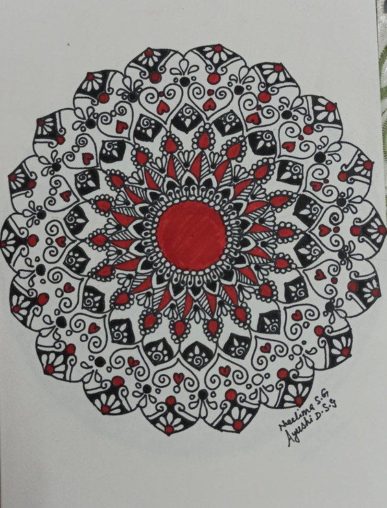 Bright Red Mandala art with a tinge of black shade (ART_8016_58456) - Handpainted Art Painting - 5in X 8in