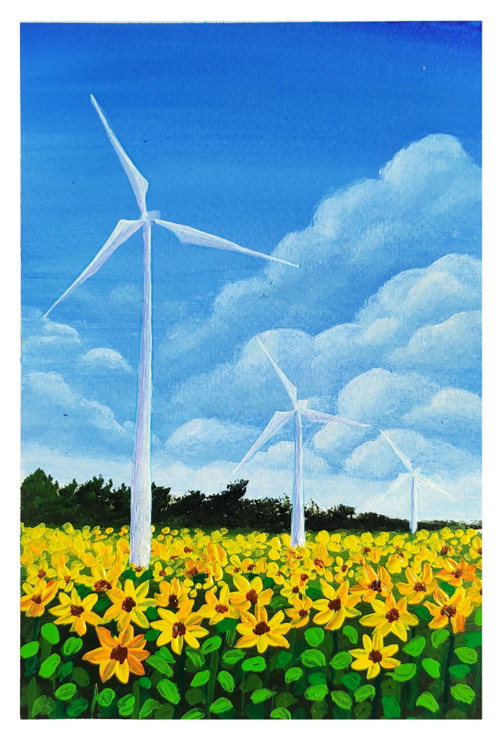 Windmill in sunflower field (ART_6989_58347) - Handpainted Art Painting - 14in X 18in