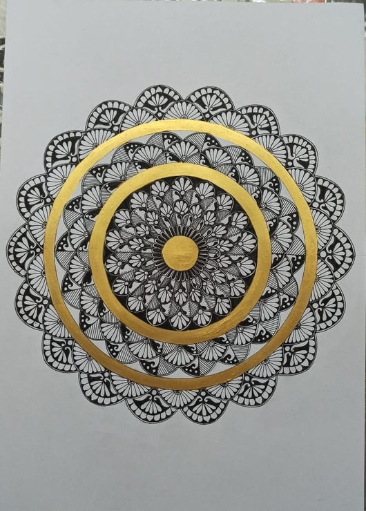 Black and White Mandala art with Metallic shades (ART_8016_58316) - Handpainted Art Painting - 11in X 16in