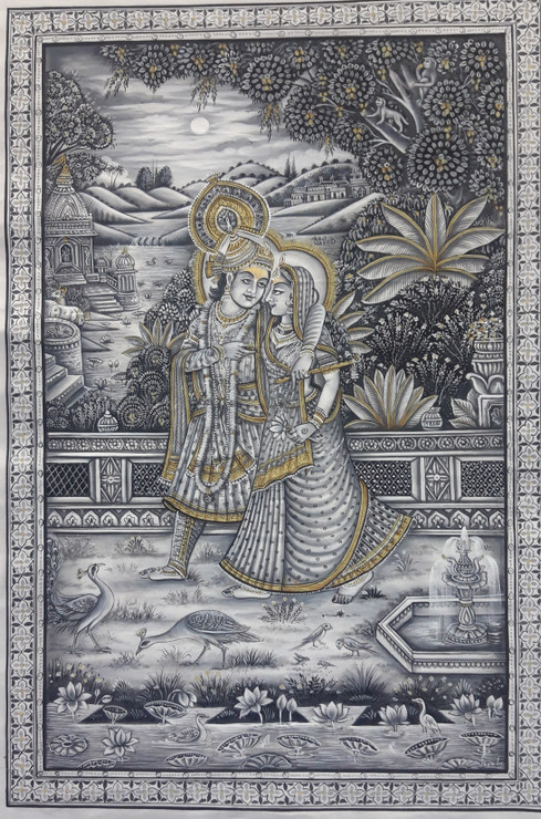 Black and white Radha Krishna handmade painting  (ART_7555_58309) - Handpainted Art Painting - 19in X 30in