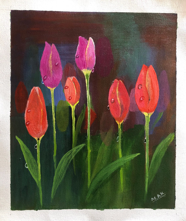 Winter Tulips  (ART_7844_58252) - Handpainted Art Painting - 10in X 12in