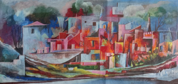 Abstract Landscape Canvas Painting (ART_8135_58156) - Handpainted Art Painting - 32in X 14in
