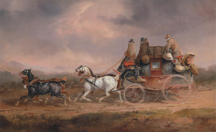 Mail Coaches On The Road The Louth London Royal Mail Progressing At Speed By Charles Cooper Henderson (PRT_9075) - Canvas Art Print - 29in X 18in