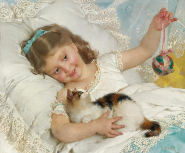 Petite Fille & Chat (1882) By √âmile Munier (PRT_9044) - Canvas Art Print - 23in X 19in