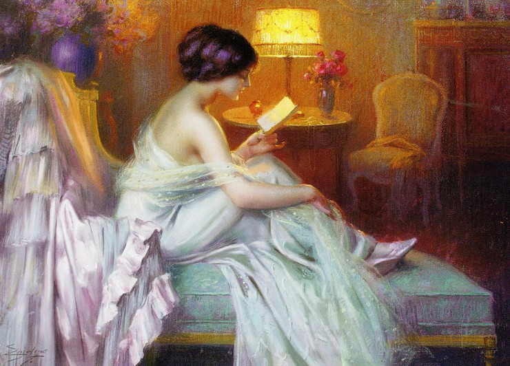 Reading At Lamp Light By Delphin Enjolras (PRT_9048) - Canvas Art Print - 25in X 18in