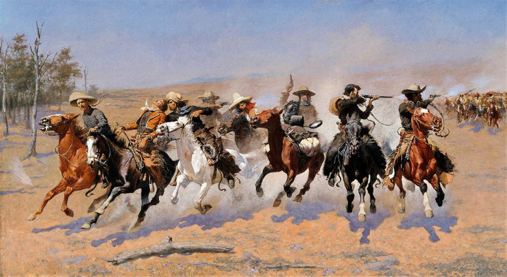 A Dash For The Timber (1889)by Frederic Remington (PRT_9125) - Canvas Art Print - 24in X 13in