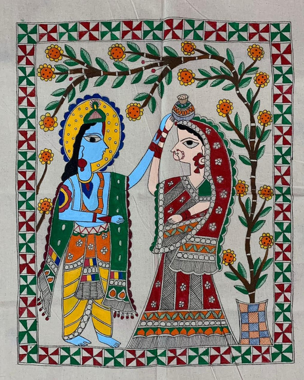 Radha Krishna madhubani (ART_7699_58580) - Handpainted Art Painting - 17in X 20in
