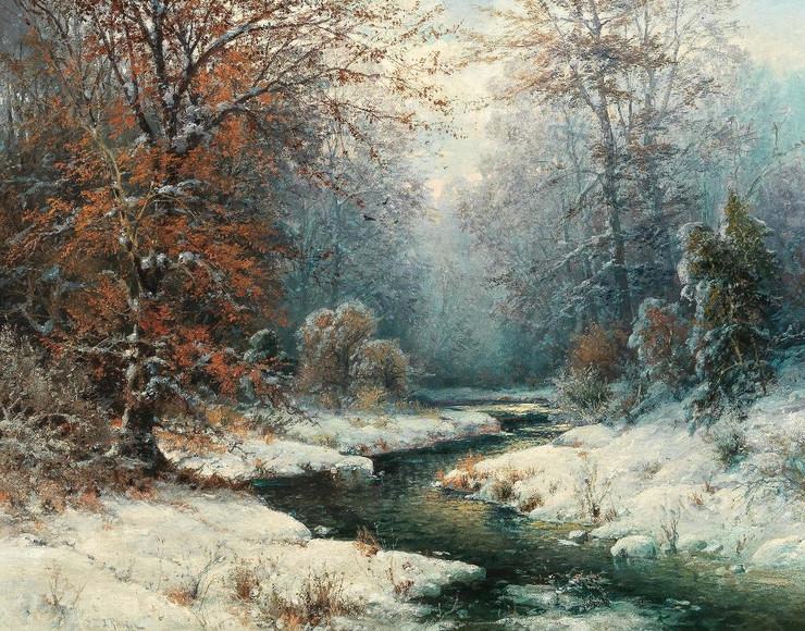 Winterliche Flusslandschaft By Adolf Kaufmann (PRT_9411) - Canvas Art Print - 24in X 19in