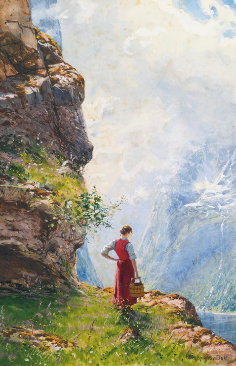 A Young Girl By A Fjord By Hans Dahl (PRT_9435) - Canvas Art Print - 17in X 26in