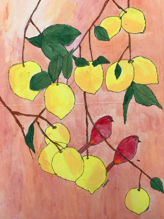 Two small red birds sitting in lemon tree (ART_8002_58944) - Handpainted Art Painting - 10in X 14in
