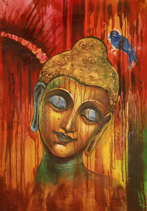 Buddha,Peace,Murlidhar,Peace,Red,Orange Shade Buddha ,Blue Bird
