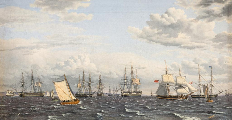 A Russian Fleet At Anchor Near Elsinore (1826) By CW Eckersberg (PRT_9538) - Canvas Art Print - 28in X 15in
