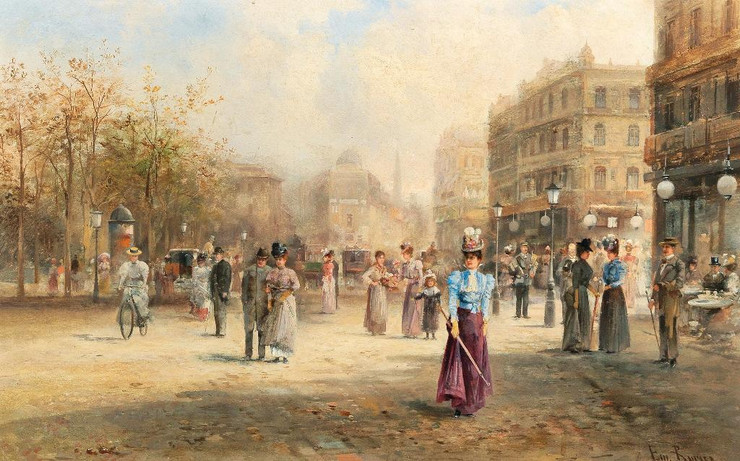 A Scene In Paris By Emil Barbarini (PRT_9540) - Canvas Art Print - 22in X 14in