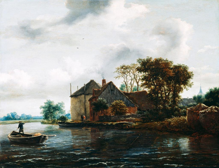 Farm And Hayrick On A River (Late 1640s) By Jacob Van Ruisdael (PRT_9552) - Canvas Art Print - 28in X 21in