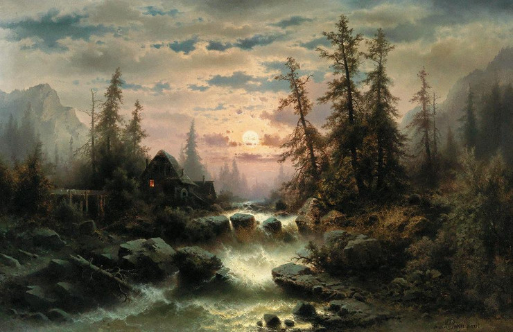 Mountain Stream In The Moonlight By Albert Rieger (PRT_9560) - Canvas Art Print - 26in X 17in