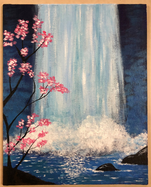 Cherry blossoms by the fall (ART_8199_58968) - Handpainted Art Painting - 8in X 10in