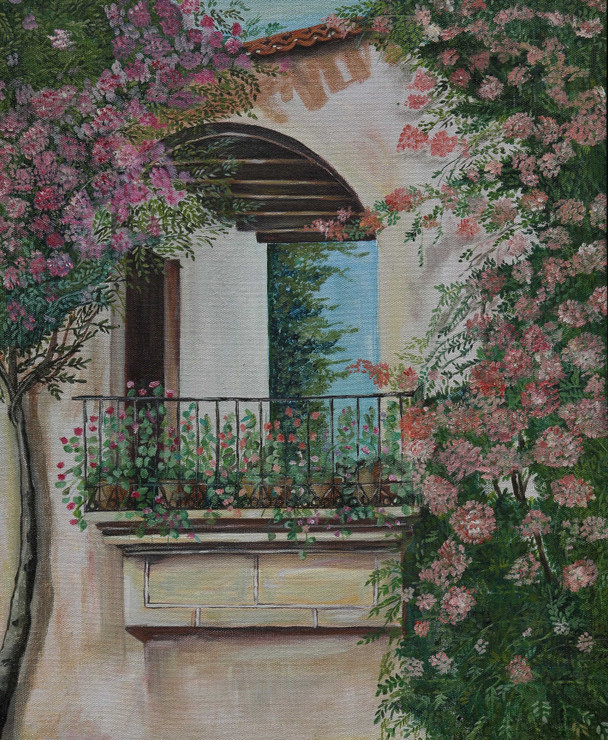 Balcony with flowers (ART_8171_58755) - Handpainted Art Painting - 18in X 22in