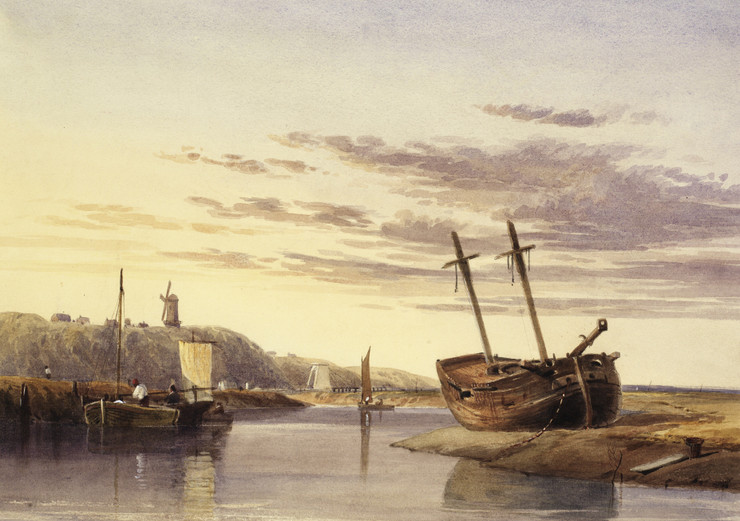 Fishing Boats In Rye Harbour, With A Windmill In The Distance (1850) By Charles Bentley  (PRT_9599) - Canvas Art Print - 22in X 15in