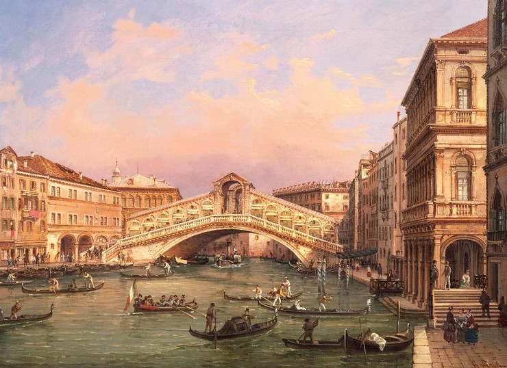 Venice, A View Of The Rialto Bridge By Giovanni Grubacs (PRT_9674) - Canvas Art Print - 22in X 16in