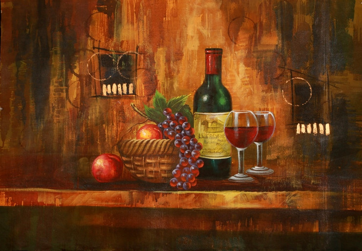 Fruit Basket,Wine Glasses,Green Bottle,Still Life