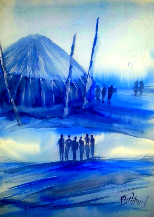 BLUE HUT (ART_8195_59018) - Handpainted Art Painting - 11in X 16in