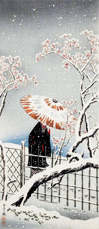 Plum Tree In Snow By Hiroaki Takahashi  (PRT_9742) - Canvas Art Print - 10in X 23in