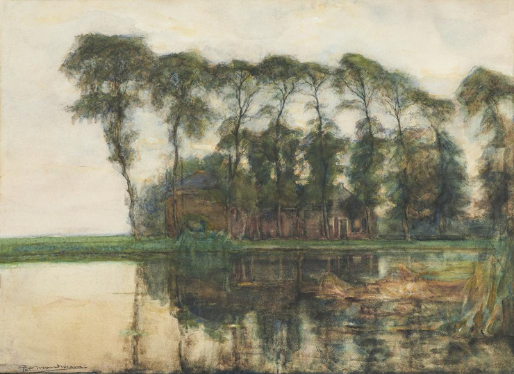 Farmstead Along The Water Screened By Nine Tall Trees (1905) By Piet Mondrian (PRT_9761) - Canvas Art Print - 39in X 28in