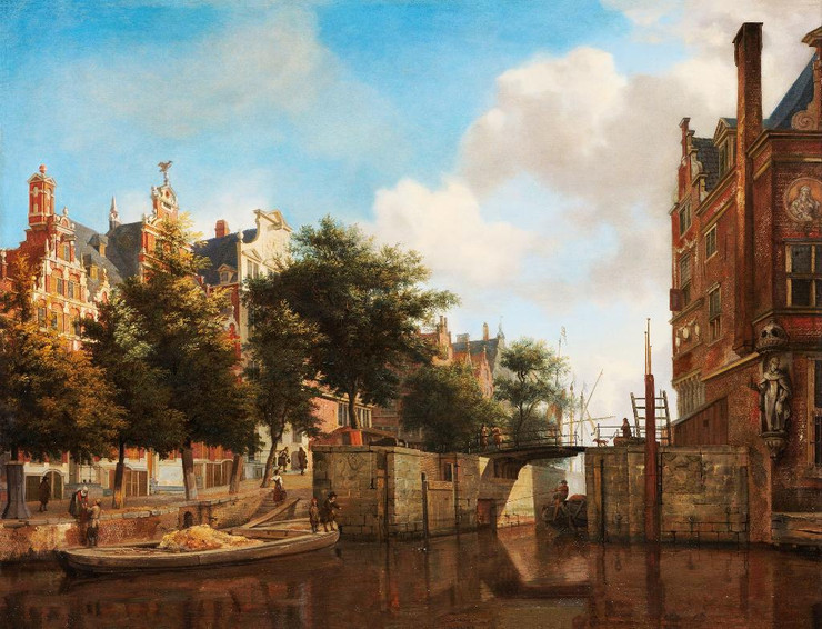 Amsterdam City View With Houses On The Herengracht And The Old Haarlemmersluis By Jan Van Der Heyden (PRT_9787) - Canvas Art Print - 30in X 23in