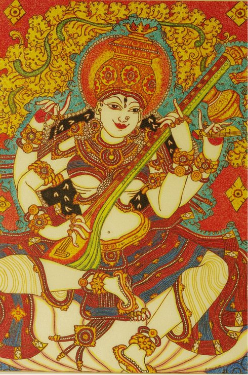 Ma Saraswathi (ART_8231_59451) - Handpainted Art Painting - 11in X 16in
